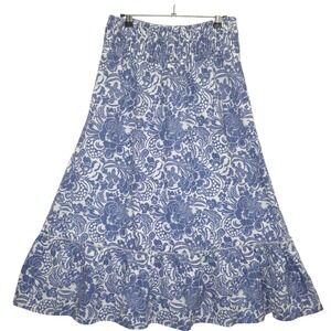 Metrowear Maxi Skirt Floral Smocked Ruffle Linen Blend Blue White Women L Boho